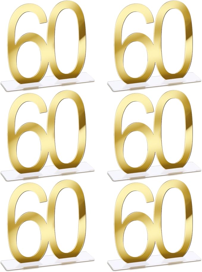 Threehoney 6 Pcs Mirror Gold 60th Birthday Decorations for Men and Women Acrylic Anniversary Decorations Table Numbers Centerpieces for Birthday Party