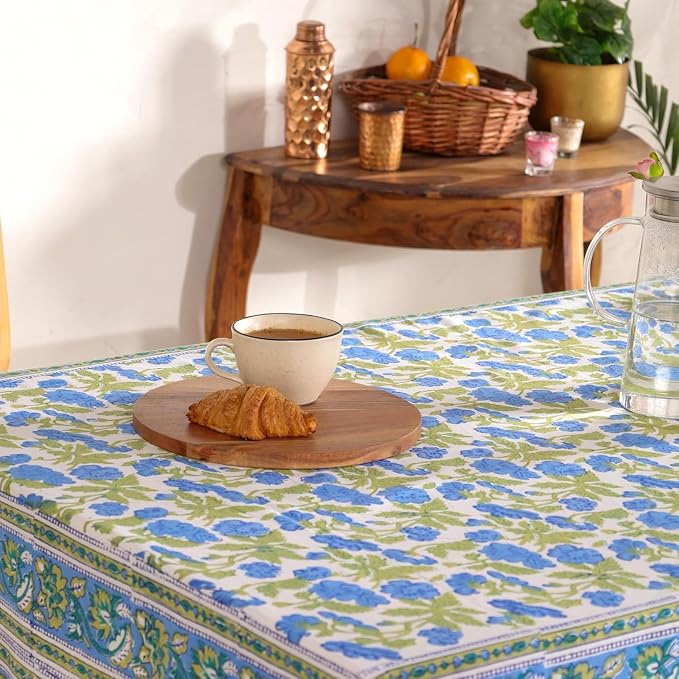 Hand Block Printed Tablecloth, Colorful Floral Print, Indian Artisan Handmade Art, Dining Room, Kitchen, Outdoor Décor, (Dusky Leaf Whisper, 8 Seater 72 x 108 Inches Rectangle)