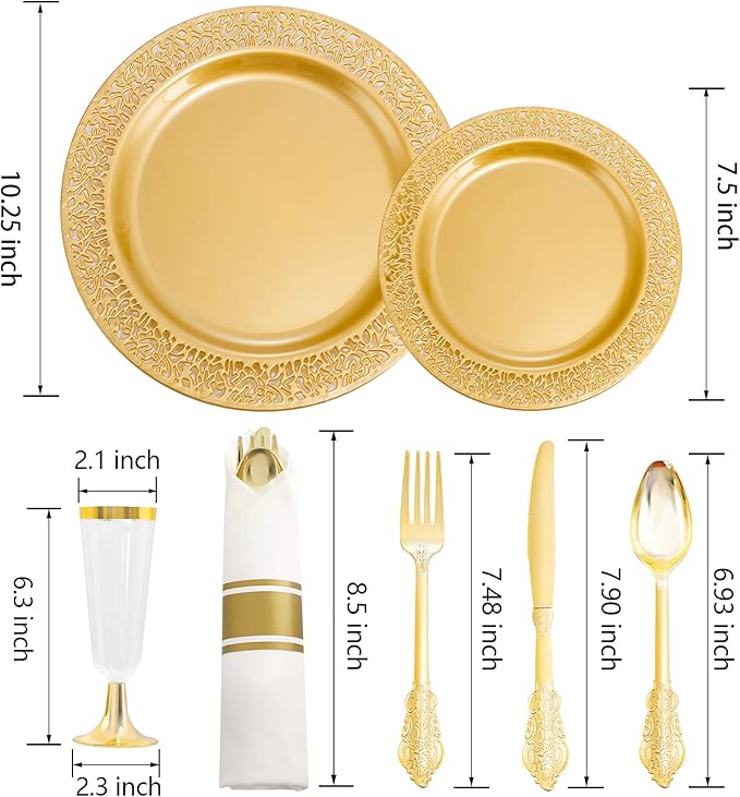 DaYammi 210Pcs Solid Gold Disposable Plates with Silverware and Cups,Gold Plastic Plates for Party Include: 30 Dinner Plate,30 Dessert Plate,30 Rolled Napkins with Cutlery,30 Cups for Party Wedding