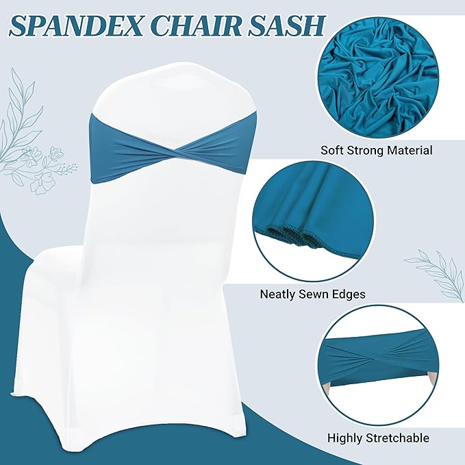 MDS Pack of 200 Spandex Chair Sashes Bows Elastic Stretch Dining Chair Bands Ties Without Slider Buckle Universal fits for Wedding Baby Shower Birthday Party Banquet Event Decoration - Dark Teal