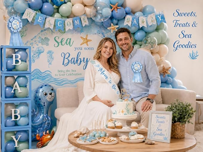 Under the Sea Baby Shower Decorations, All-in-One Sea You Soon Baby Shower Boy Party Decoration Kit with Balloon Arch Backdrop for Summer UnderWater Ocean Animal Theme Baby Shower Decorations Boys