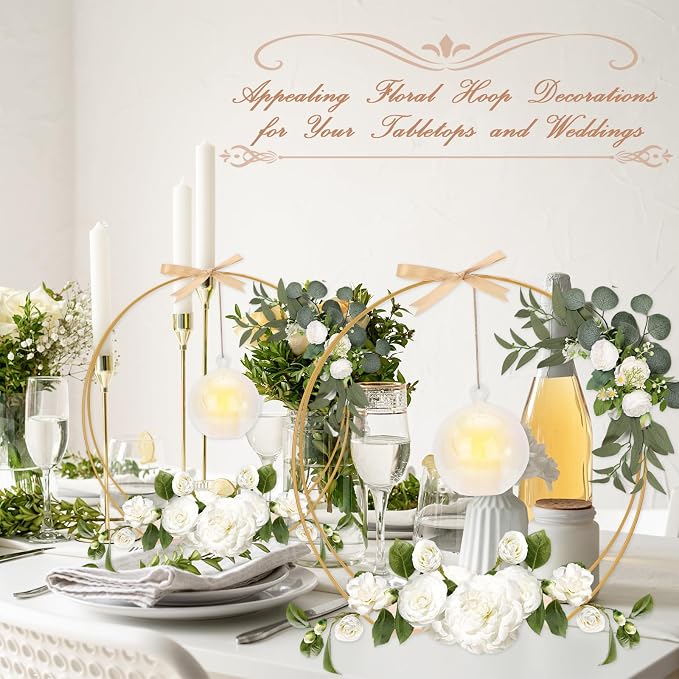cenoz 8 Pack 12Inch Double Floral Hoop Centerpiece for Tables, Hoop Centerpiece Kit with Candle Light & Clear Acrylic Base, Metal Wreath Ring for DIY Table Wedding Decorations(Flower Not Included)