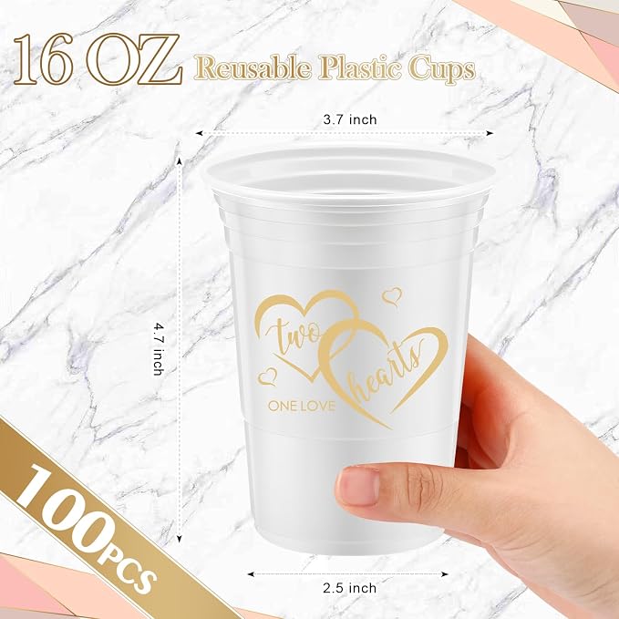 Layhit 100 Pcs Wedding Disposable Thick Plastic Cups, 16 oz White Cups with 2 Elegant Love Designs, Decorations for Wedding Reception Guests, Bridal Shower, Engagement, Bachelorette Party Supplies