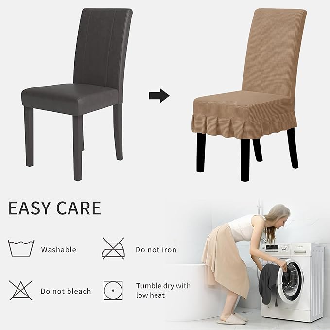 Easy-Going Dining Chair Covers Stretch Parsons Chair Slipcover with Skirt Chair Covers for Dining Room Restaurant Banquet (8 PCS, Camel)