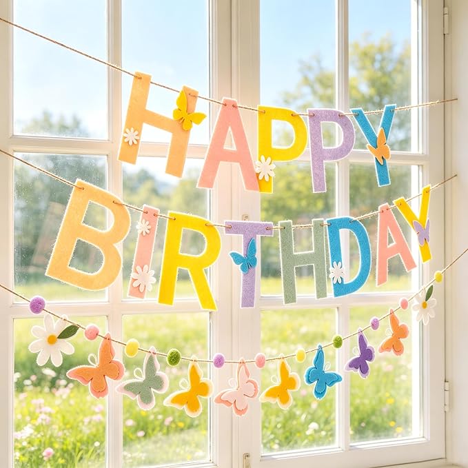 Felt Happy Birthday Banner, Butterfly Birthday Banners, Felt Party Banners, with Handmade Butterfly Garland, Pre-Strung Birthday Decorations for Girls Women Flower Spring Garden Party