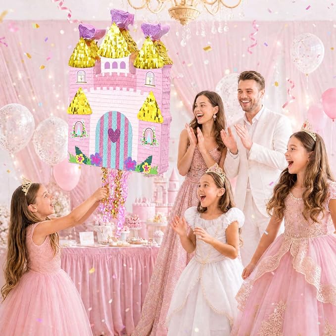 WERNNSAI Large Princess Castle Piñata - 23.6”x 16.3”Princess Birthday Party Decorations Pink Piñata with Blindfold and Bat for Girls Family Game Birthday Party Supplies Castle Design