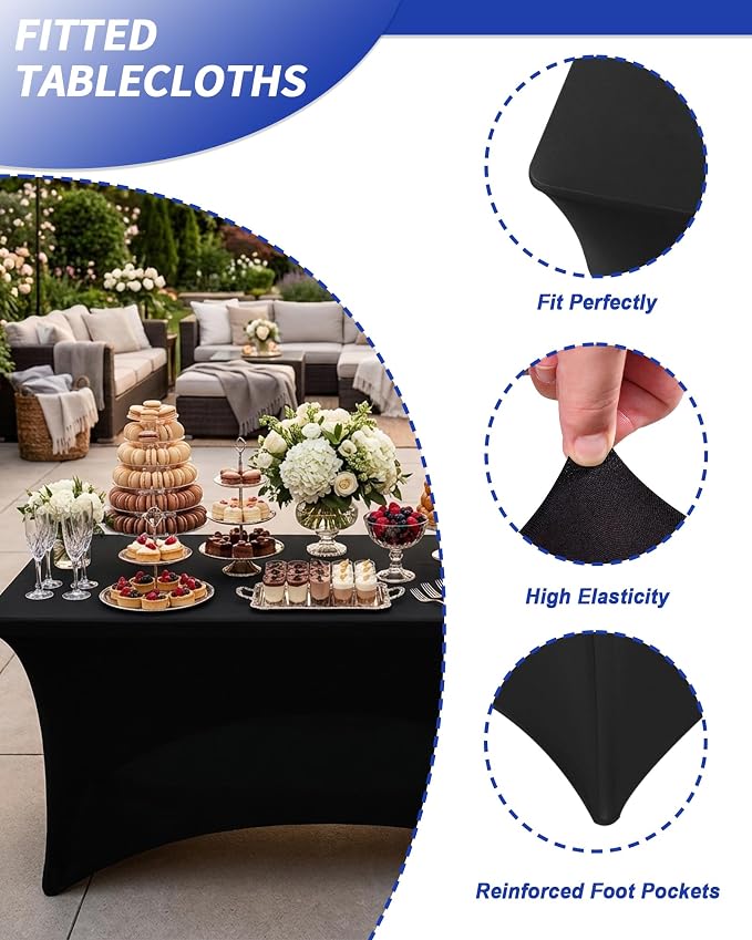 Fixwal 6 Pack Black Tablecloth Rectangle 8Ft, Stretch Spandex Fitted Table Cover for Party, Trade Show, Wedding, Buffet, Graduation, Vendor Stand