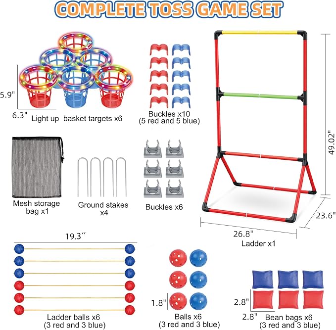 Backyard Lawn Games for Adults Kids - 3-in-1 Yard Pong with 6 Light Up Basket, Ladder Ball and Bean Bag Toss Game - Outdoor Yard Tailgate Game for Family Parties