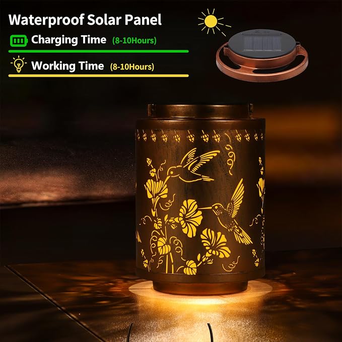 2 Pack Solar Lanterns Outdoor Waterproof Garden Decor Birthday Gifts for Women Mon Grandma Metal Hanging Solar Lights Decoration for Outside LED Lanterns for Yard Patio（Hummingbirds）