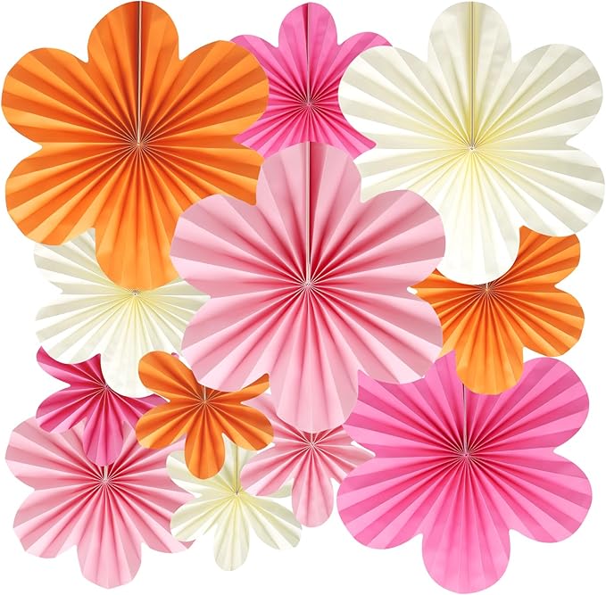 BestoFun 12 PCS Paper Flowers Fans Pink and Orange Party Decorations Paper Flowers Decorations for Wall Girl Groovy Birthday Baby Shower Wedding Bachelorette Room Hanging Décor