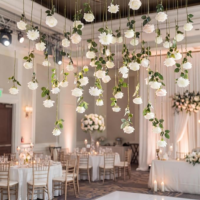 Lyrow 120 Pack White Artificial Flower Hanging Ornaments White Rose Floating Garland Floral Minimalist Boho Wedding Proposal Anniversary French Cream Farmhouse Ceiling Garland Table Decor DIY Craft