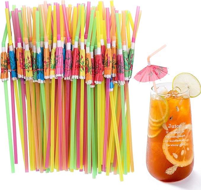 100pcs Umbrella Drinking Straws, Disposable Plastic Straws, Tropical Hawaiian Beach Cocktail Pool Luau Party Decorations Supplies