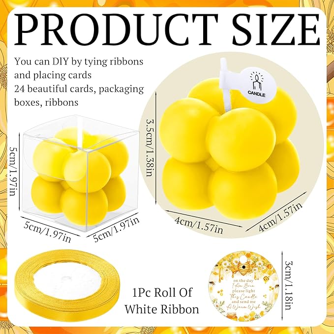 MTLEE 24 Sets Bee Baby Shower Favors Party Candle Small Bubble Candle Baby Shower Favors for Guests Tea Candles Bulk with Stylish Ribbons Cards Gifts (Yellow, Bee)