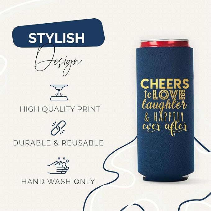 Wedding Can Cooler Decorations Set of 12 - Cheers to Love Laughter and Happily Ever After, Wedding Rehearsal Dinner Decorations - Bridal Showers, Engagement Party Favors for Guests and Supplies