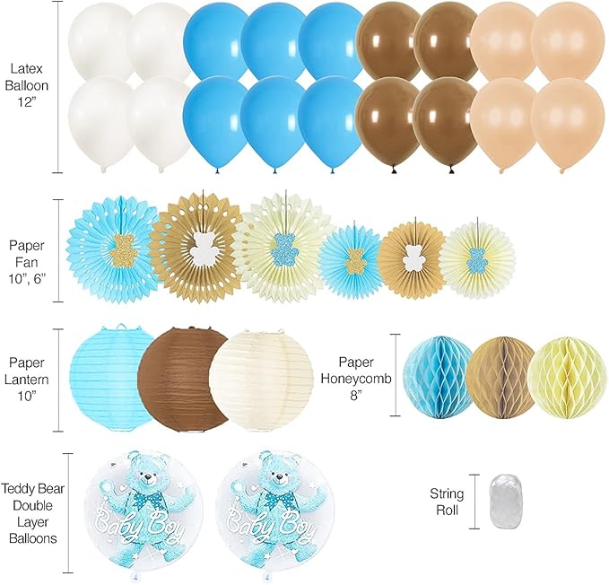 210 PC Teddy Bear Baby Shower Decorations for Boy Kit- It's a BOY Pre-Strung Banners, Garland, Streamers Guestbook Mommy Sash Blue Brown Balloons Cake Toppers Paper Fans Lantern Games & Favor Stickers