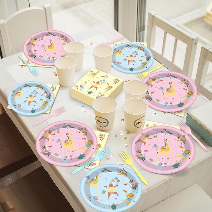 96Pcs Animal Party Supplies Pastel Animal Paper Plates and Napkins Jungle Safari Theme Tableware Decorations Set for Kids Girls Birthday Baby Shower Celebration Party Favor Serves 24