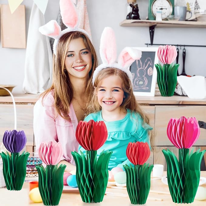 SUNBEAUTY 8 PCS Tulip Honeycomb Decorations, Spring Decorations for Office, Spring Table Decor, Red Tulip Honeycomb Flower Decorations Spring Centerpieces for Tables Mother Day Spring Party Womens Day
