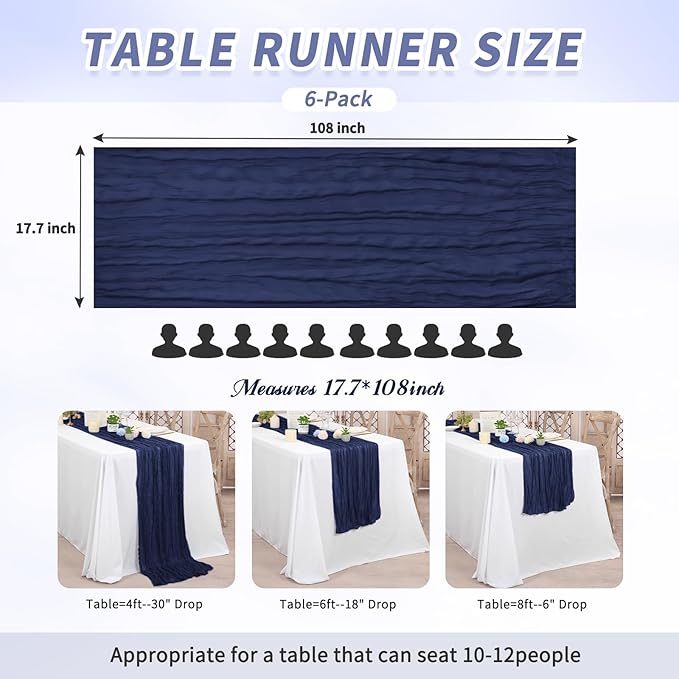 6 Pack Cheesecloth Table Runner,Navy Blue Table Runner Long Romantic Semi Sheer Rustic Boho Gauze Table Runners for Wedding Bridal Shower Birthday Party Decorations(17.7×108 Inch)