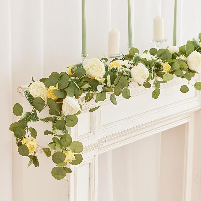MISSPIN 2pcs Artificial Flowers Garland Spring Eucalyptus Garland Vintage Fake Flower Peony Rose Vine Greenery Decorative Wall Hanging Plant for Wedding Arch Door Arrangement Party Decor
