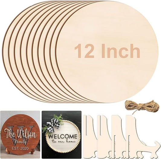 12 Inch Wood Circles for Crafts, 10Pcs Unfinished Wood Rounds with Holders for Cricut Projects, Burning, Painting, Door Hanger, DIY Wooden Crafts Gifts for Mother's Day Holiday Home Decor(10PCS)
