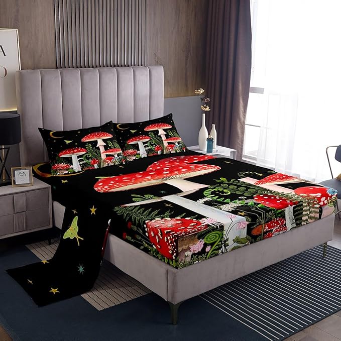 Castle Fairy Red Mushroom Bed Sheet Set for Kids,Magical Plant Snail Sheets Set,Jungle Botanical Home Decor Sheet Sets with Deep Pocket,Top Flat Sheet,1 Pillowcase,Twin Size