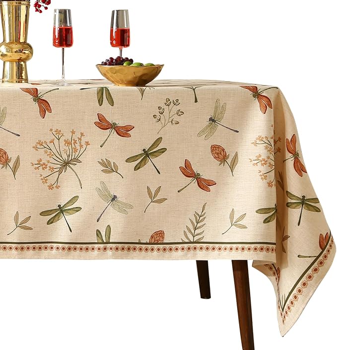 ISAENNE Designer Rectangular Elegant Linen Tablecloth,110"x63"-Grace B | Vintage French Printed Table Cloth Rectangle Table,Dragonfly Pattern,Durable,Heavyweight,Dining,Kitchen,Thanksgiving