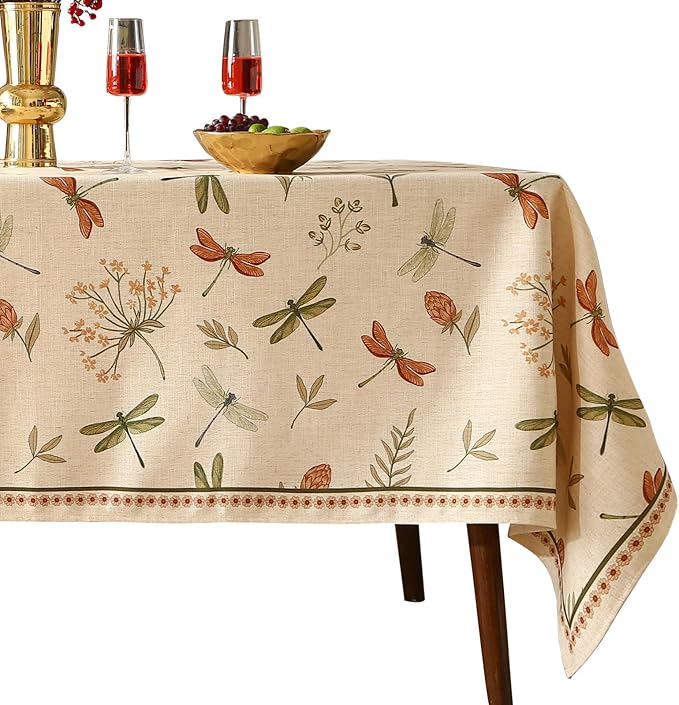 ISAENNE Designer Rectangular Elegant Linen Tablecloth,94"x63"-Grace B | Vintage French Printed Table Cloth Rectangle Table,Dragonfly Pattern,Durable,Heavyweight,Dining,Kitchen,Thanksgiving