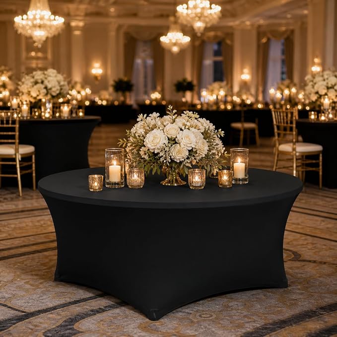 Round Table Covers - 6 Pack 60x30 Inch Table Cloth - Black Fitted Stretch Spandex Round Tablecloth for Party, Wedding, Birthday, Hotel, Banquet