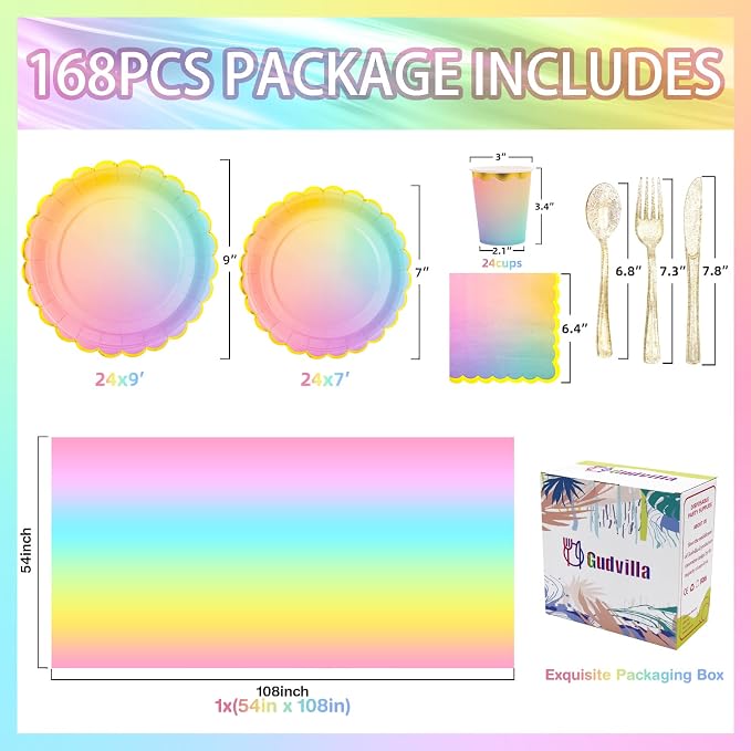 169 Pcs Rainbow Birthday Decorations, Rainbow Plates, Pastel Birthday Plates and Napkins Serves 24, Girls Party, Pastel Party Decorations，Colorful Pride Month