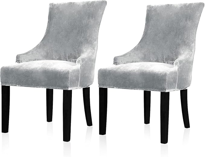 Lellen Velvet Stretch Wingback Chair Cover Slipcover - Reusable Protector Cover for Dining Room Banquet Home Decor etc Machine Washable Hand Washable (Silver Grey, 2PC)
