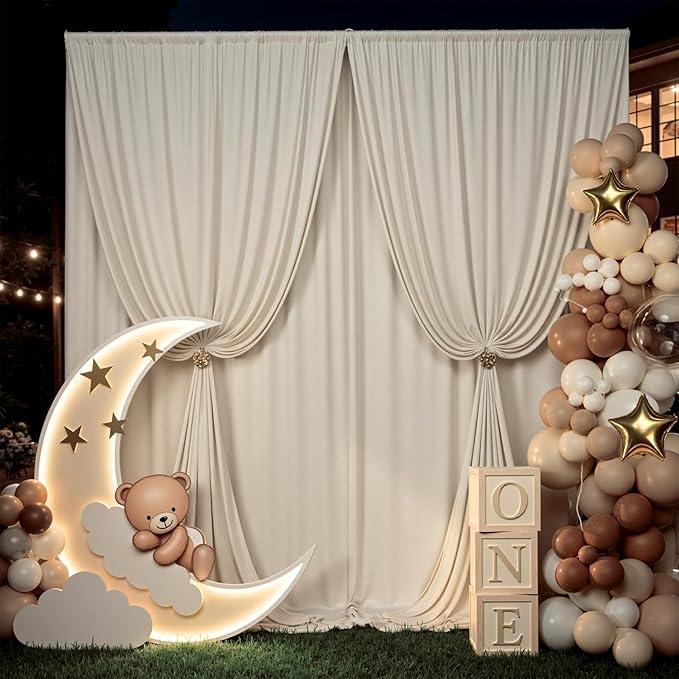 50ft×12ft Beige Backdrop Curtain for Wedding Parties, 10 Panels Wrinkle Free Polyester Photo Backdrop Drapes Back Drop Cloth for Birthday Photography Background
