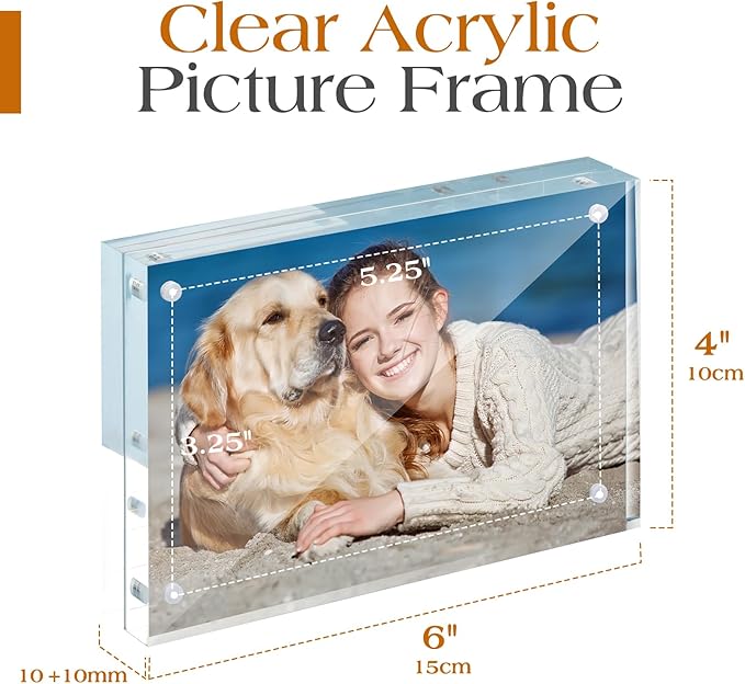 TWING 6 Pack Picture Frames Acrylic 4 x 6,20MM Thick Magnet Frame Lucite Double Sided 4x6 Picture Frame,HD Clear Frameless Desktop Display Self Standing Magnetic Acrylic Block Photo Frame for Gift