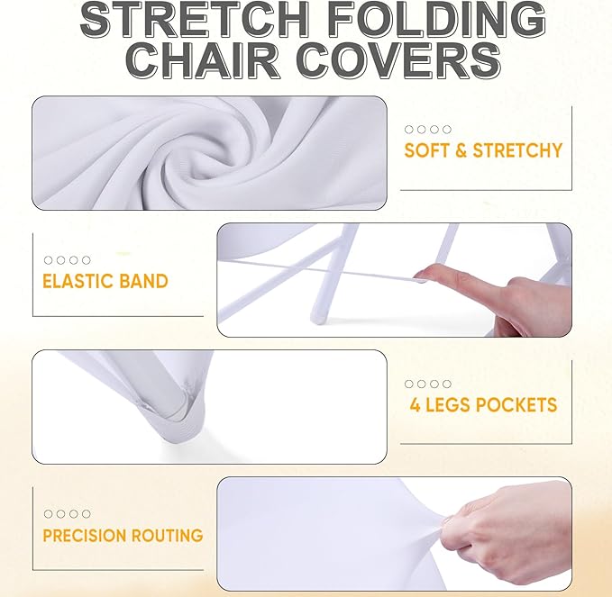 Preboun 50 Pack White Folding Chair Cover Set with 25 Spandex Chair Slipcovers 25 Sequin Chair Sashes Bow Washable Chair Protector Chair Cover for Party Wedding Banquet Event(White, Gold)