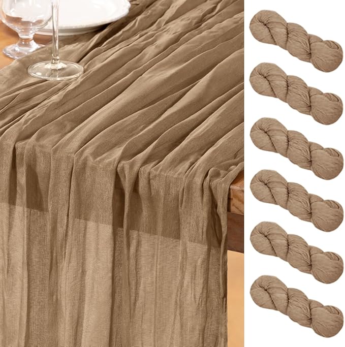 DeZerlor Nude Cheesecloth Table Runner 6 Pack Spring Easter Table Runners Boho Gauze 120 Inches Coffee Cheese Cloth Table Decor for Wedding Bridal Baby Shower Parties