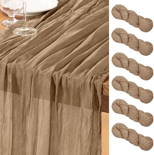 DeZerlor Nude Cheesecloth Table Runner 6 Pack Spring Easter Table Runners Boho Gauze 120 Inches Coffee Cheese Cloth Table Decor for Wedding Bridal Baby Shower Parties