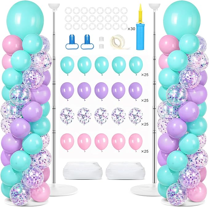 2 Sets Pink Purple Blue Balloon Column Stand Kit with 100 Balloons Adjustable Balloon Tower Stand with Bases for Floor Confetti Balloons Column Kit for Summer Mermaid Graduation Birthday Party Decor