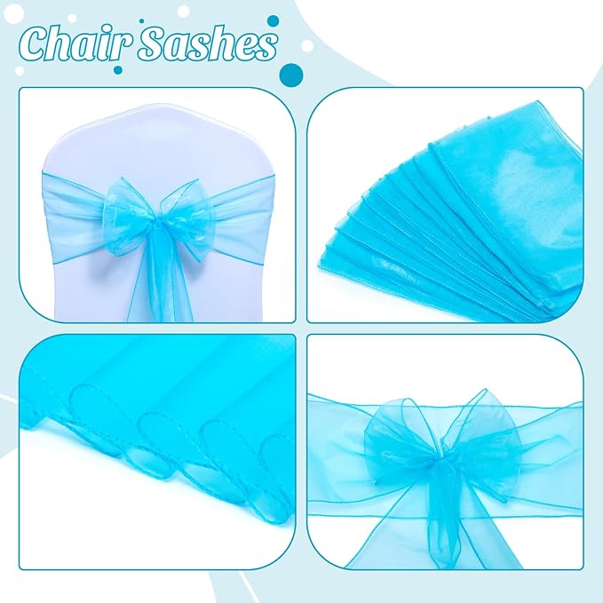 MDS® Pack of 25 Organza Chair Sashes for Wedding Decoration, Reusable Sheer Chair Bows for Banquet Chair Cover, Reception, Bridal Shower, Baby Shower, Birthday Party & Special Events - Turquoise