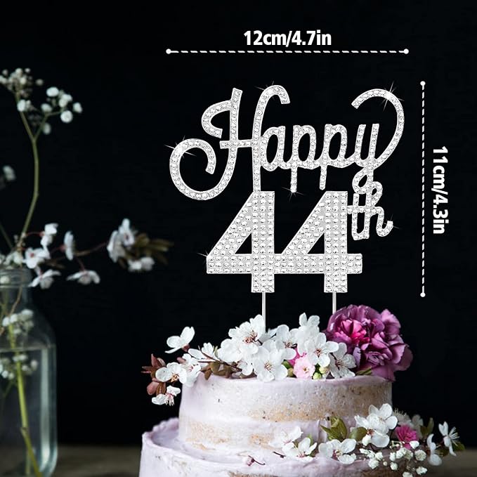LINGTEER Happy 44th Birthday Silver Rhinestone Cake Topper - Cheers to 44th Birthday 44 Years Old Anniversary Party Cake Centerpieces Topper Decorations Gift Sign.
