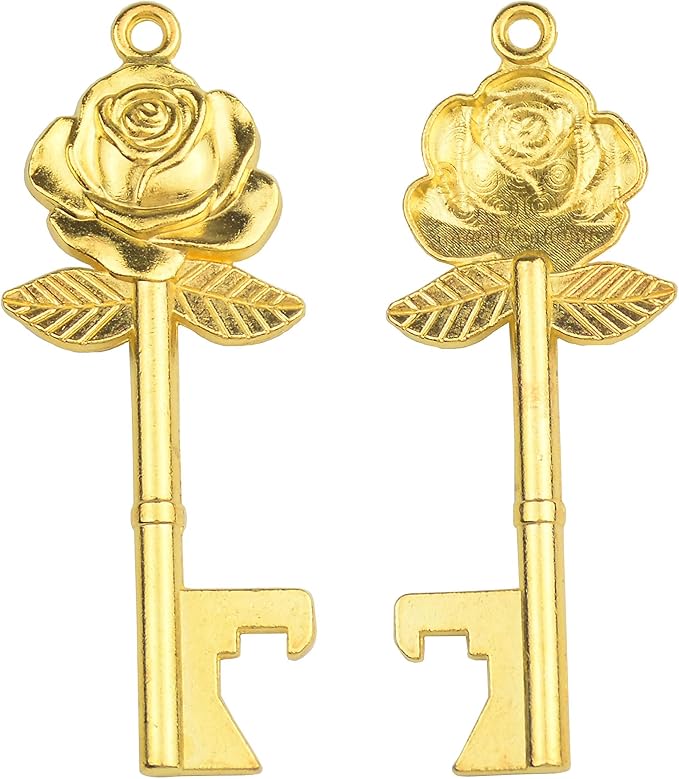 Makhry 50 Set Skeleton Rose Key Bottle Openers with Candy Box In Antique Vintage Style Escort Tags French Ribbon As A Gift Souvenir At Wedding Party Supplies (Antique Gold)