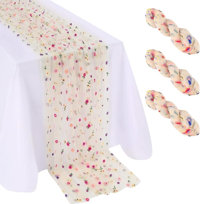 QueenDream 3 Packs Champagne Table Runner Sheer Tulle Gauze Embroidery Daisy Table Runner Fabric for Wedding Home Party Holiday Table Decortaions