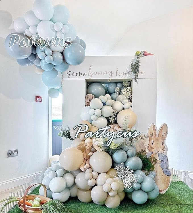 Dusty Blue White Sand Balloon Garland Double Stuffed Pastel Light Blue Cream Beige Matte Balloon Arch Kit with Gold Latex for Neutral Baby Shower Bridal Wedding Birthday Mothers Day Summer Party