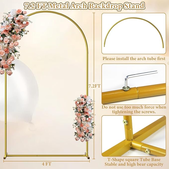Arch Backdrop Stand and Cover Set, 7.2FT Gold Metal Arch Back Drop Stand with Spandex Arch Background Covers- Balloon Arch Stand Kit for Weddings, Parties, Baby Shower Photo Booths (White+Champange)