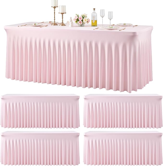 4 Pack Pink Spandex Tablecloths for Rectangle Tables 6 Foot Pink Stretch Table Cloth Rectangle 6ft Elastic Fitted Table Cover with Skirt for Wedding Baby Shower Girl Birthday Party Banquet Buffet