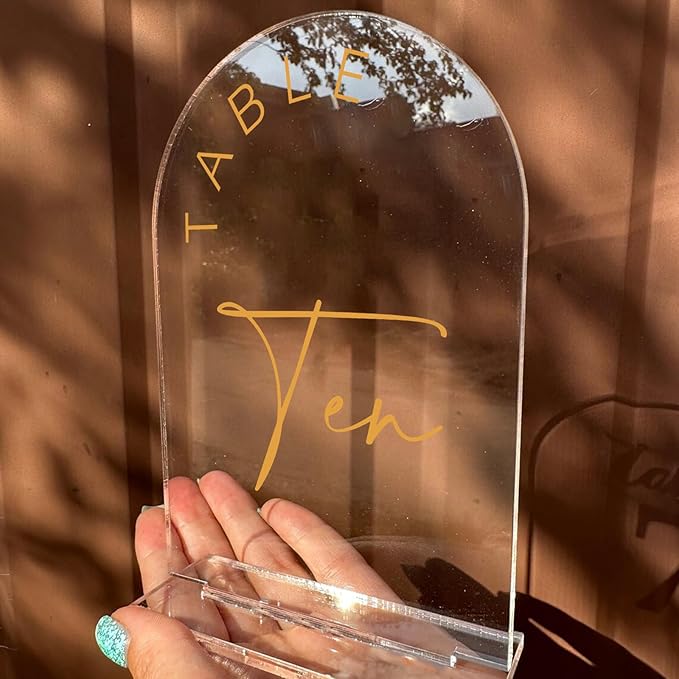JINMURY Acrylic Arch Table Numbers with Stands, 5x7 Inch Acrylic Arch Sign Table Numbers for Wedding (Clear Gold Font, 5x7 Inch Table Number 1-20)