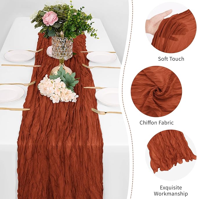 12 Pack Terracotta Cheesecloth Table Runner 17 x 108 Inch Gauze Table Runner Fabric Semi Sheer Cheese Cloth Table Decor Bulk for Rustic Romantic Wedding Baby Shower Table Decoration