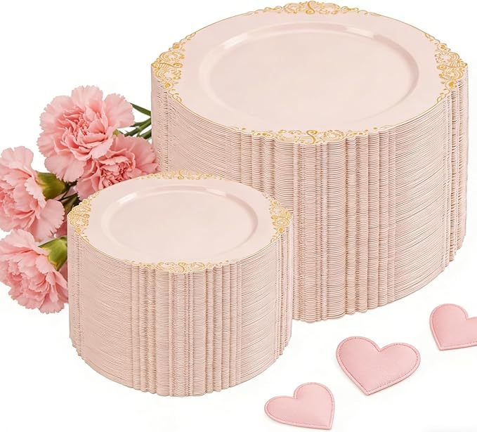 200PCS Pink and Gold Plates - Pink Plastic Plates - Fancy Disposable Plate with Gold Rim - Vintage Wedding Dinner & Dessert Plate for 100 Guests for Wedding & Bridal Shower & Mother's Day