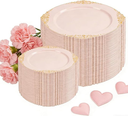 200PCS Pink and Gold Plates - Pink Plastic Plates - Fancy Disposable Plate with Gold Rim - Vintage Wedding Dinner & Dessert Plate for 100 Guests for Wedding & Bridal Shower & Mother's Day