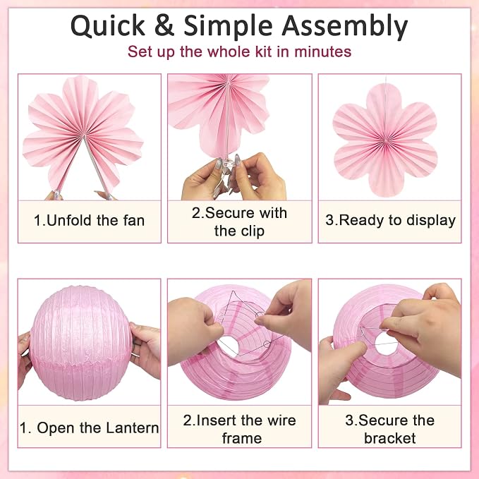 Pink Party Decorations, 18Pcs Hot Pink Paper Lanterns & Flower Fans Set | 8"-14" layered hanging decor for girls birthdays, bridal showers, baby showers, weddings, and girls night parties