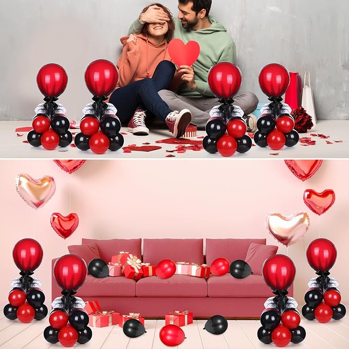 BBTO 8 Set Black and Red Table Centerpieces Balloons Stand Kit, Latex Balloons and Table Stand Holder with Base Tulle for Wedding Birthday Grad Prom Centerpieces Party Back to School Baby Shower
