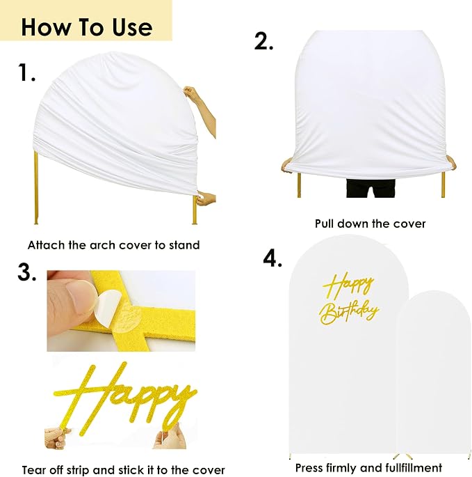 HAINARverS 6FT/7.2FT White Arch Backdrop Cover Spandex with Glitter Gold Happy Birthday Sign for Wedding Birthday Party Ceremony Banquet Decoration(White)